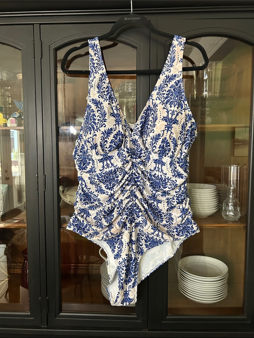 SHEIN Blue and White Floral Ruched One-Piece Swimsuit